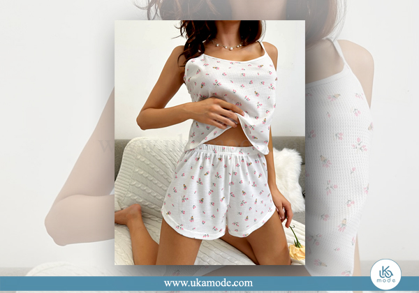 تاپ و شلوارک زنانه آستین افتاده طرح دوریقه و دمپا شیت سنگ 19 تاپ و شلوارک زنانه