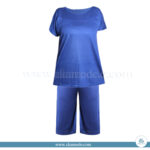 تاپ و شلوارک زنانه آستین افتاده آبی کاربنی