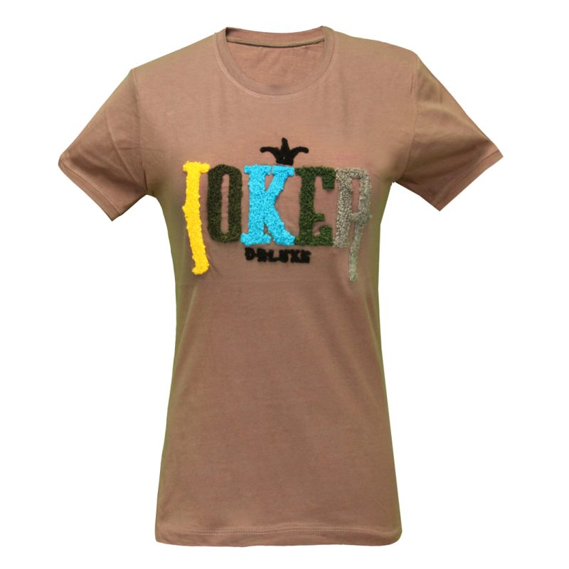 بلوز زنانه پنبه استین کوتاه یقه گرد گلدوزی پولیش joker رنگ خاکی