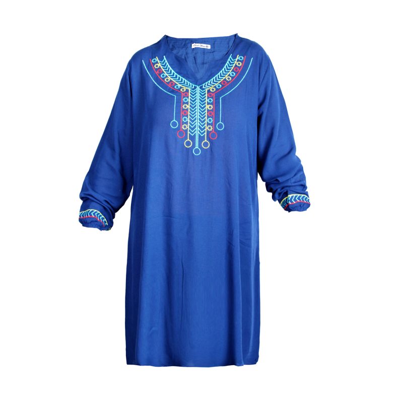 تونیک زنانه نخی آستین بلند جلو یقه و دم آستین گلدوزی فری سایز رنگ آبی شالی