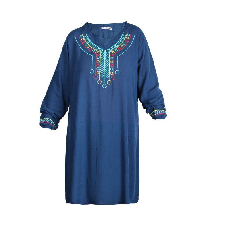تونیک زنانه نخی آستین بلند جلو یقه و دم آستین گلدوزی فری سایز رنگ آبی نفتی