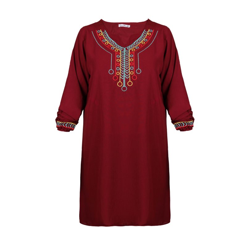 تونیک زنانه نخی آستین بلند جلو یقه و دم آستین گلدوزی فری سایز رنگ زرشگی